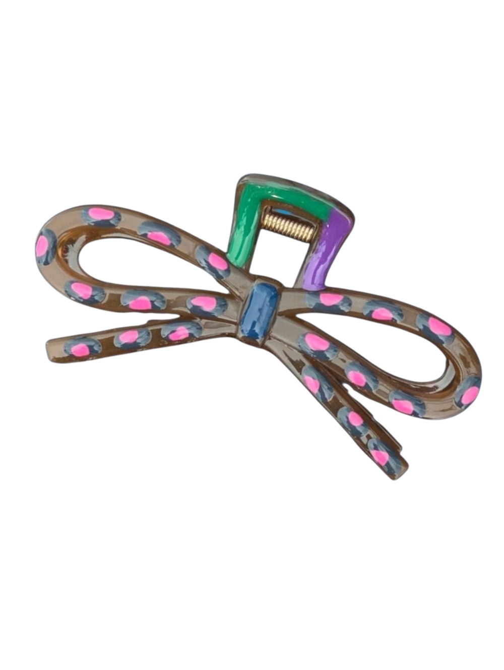 Playful Bow Hair Clip Brown Pink Polka Dot Purple Green Accent Spring Clasp